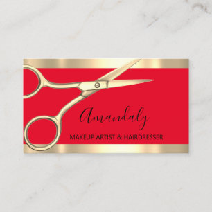Hair Stylist Hairdresser Golden Scissors Red Visitkort