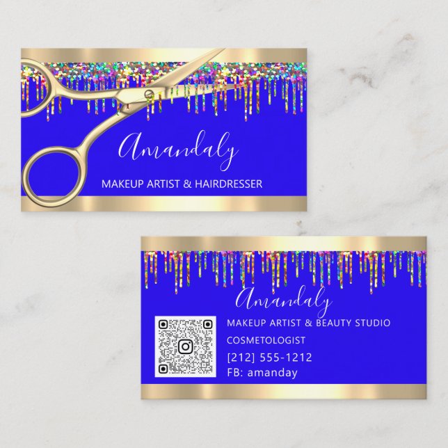Hair Stylist Hairdresser Holograph Drifts QR Blue Visitkort (Fram/baksida)