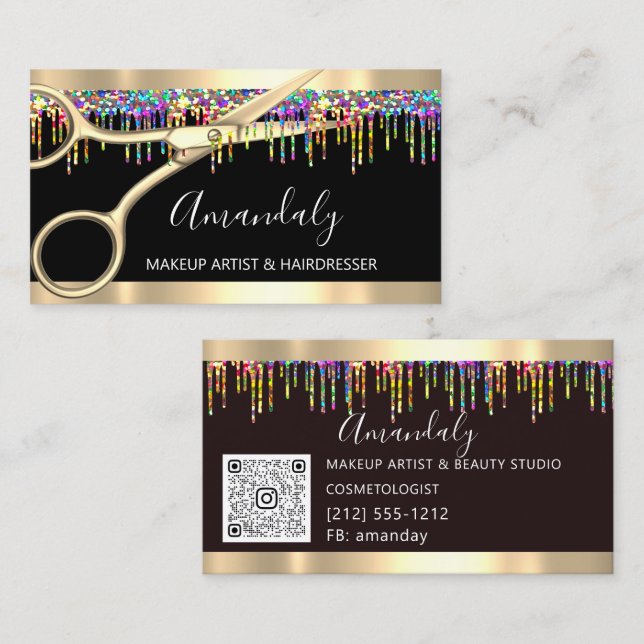Hair Stylist Hairdresser Holograph Drip ScissorsQR Visitkort (Fram/baksida)