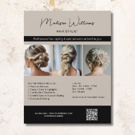 Hair Stylist Hairdresser Salon 3 Foton QR Beige Reklamblad
