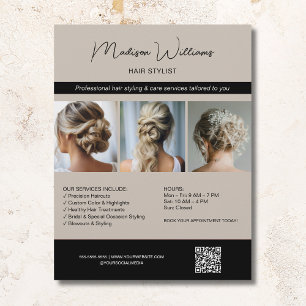 Hair Stylist Hairdresser Salon 3 Foton QR Beige Reklamblad