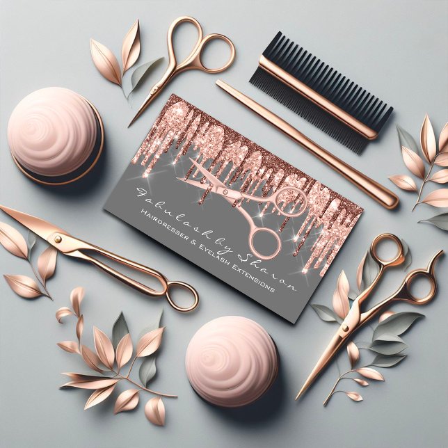 Hair Stylist Hairdresser Scissors Ro Drip Grått Visitkort (Hair Stylist Hairdresser Scissors Rose Drip Gray Business Card)