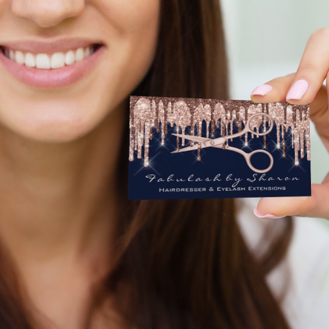 Hair Stylist Hairdresser Sissors Ro Drives Navy Visitkort (Hair Stylist Hairdresser Scissors Rose Drips Navy Business Card)