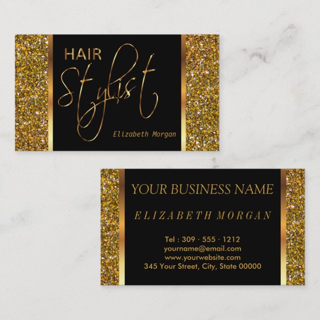 Hair Stylist i Guld Glitter Visitkort (Fram/baksida)