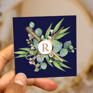 Hair Stylist Lash Salon Botanical Navy Blue Fyrkantigt Visitkort