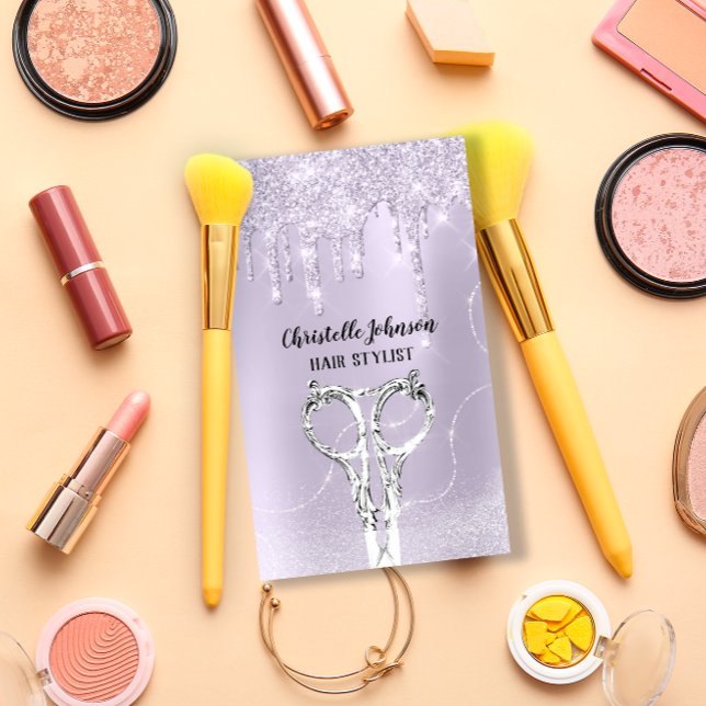 Hair Stylist Lavender Drip Glitter Silver-sax Visitkort (Skapare uppladdad)