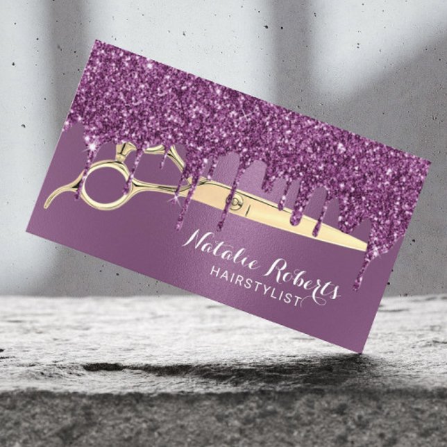 Hair Stylist Lila Glitter Drips Beauty Salon Visitkort (Skapare uppladdad)