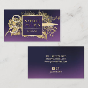 Hair Stylist Lila & Guld Blommigt Beauty Salon Visitkort
