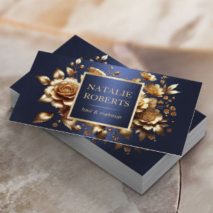 Hair Stylist Luxury Guld 3D Blommigt Navy Blue Sal Visitkort