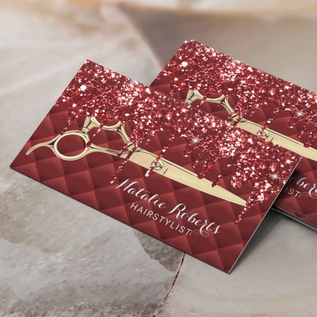 Hair Stylist Luxury Red Glitter Drips Beauty Salon Visitkort (Skapare uppladdad)