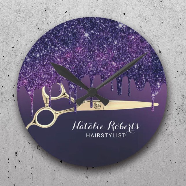 Hair Stylist Magic Lila Glitter Drips Salon Rund Klocka (Skapare uppladdad)