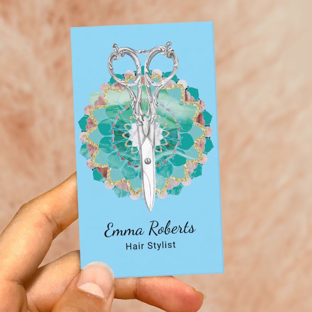 Hair Stylist Mandala Flower Scissor Baby blue Visitkort (Skapare uppladdad)