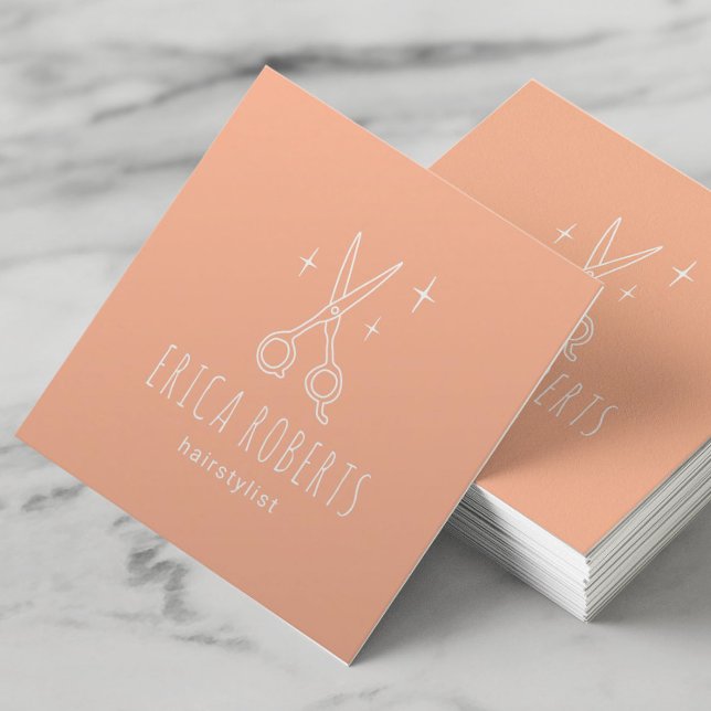 Hair Stylist Minimalist Scissor Beauty Salon Peach Fyrkantigt Visitkort (Skapare uppladdad)