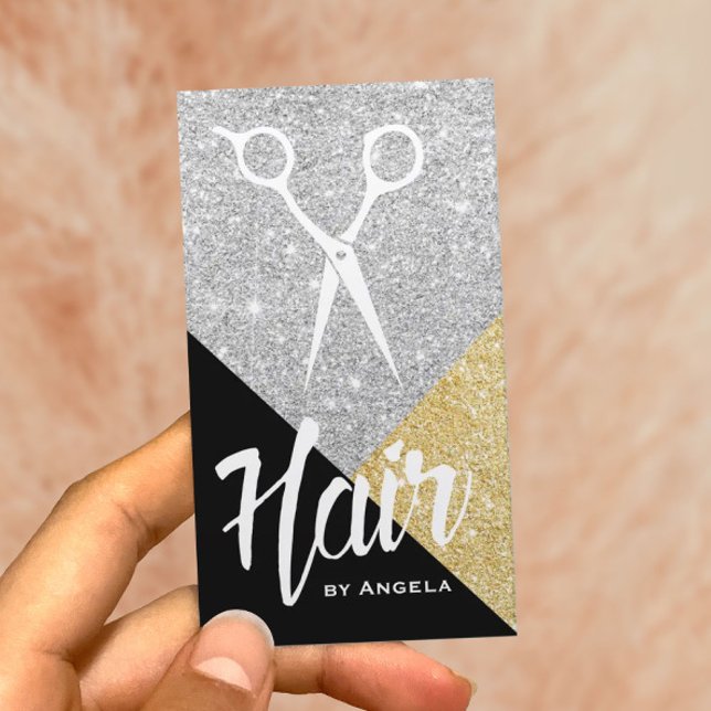 Hair Stylist Modern Black Guld & Silver Glitter Visitkort (Skapare uppladdad)