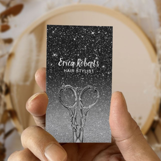 Hair Stylist Modern Black & Silver Glitter Salon Visitkort (Skapare uppladdad)