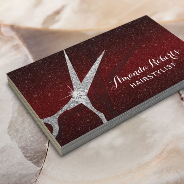 Hair Stylist Modern Burgundy Red Glitter Salon Visitkort (Skapare uppladdad)
