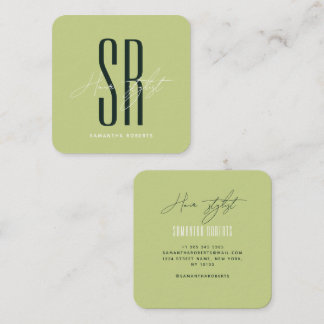 Hair stylist modern green monogram initials fyrkantigt visitkort
