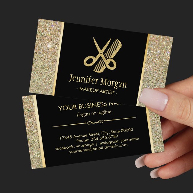 Hair Stylist Modern Guld Glitter Scissors Comb Visitkort (Skapare uppladdad)