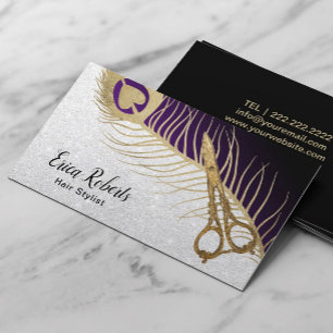 Hair Stylist Modern Guld Scissor & Peacock Feather Visitkort
