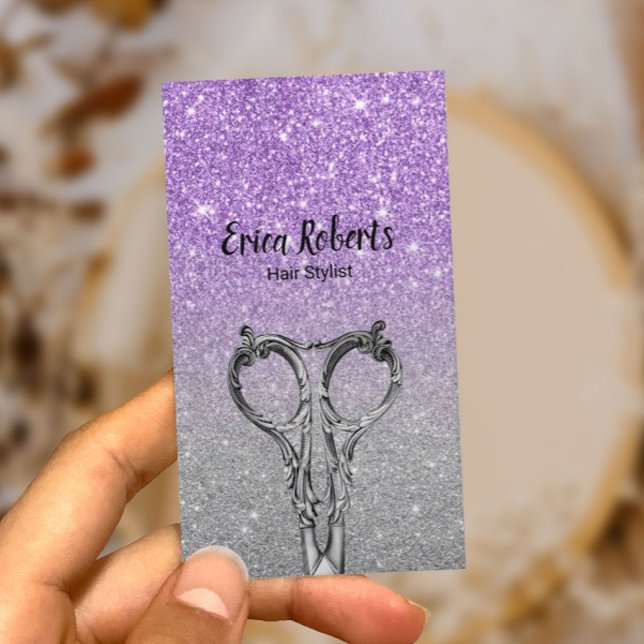 Hair Stylist Modern Lila & Silver Glitter Salon Visitkort (Skapare uppladdad)