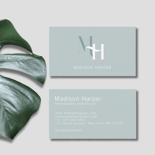 Hair stylist modern monogram initialer blue visitkort (Skapare uppladdad)