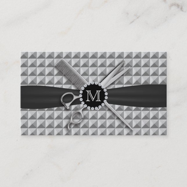 Hair Stylist-Modern Monogram Scissor & Comb Metall Visitkort (Framsida)