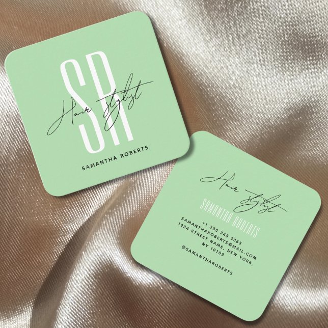 Hair stylist modern myntmonogram initialer fyrkantigt visitkort (Skapare uppladdad)
