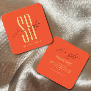 Hair stylist modern orange monogram initialer fyrkantigt visitkort