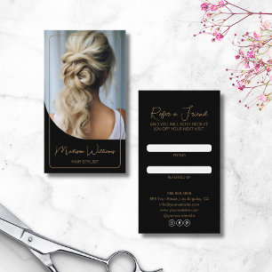 Hair Stylist Modern Photo Black och Guld Rabattkort