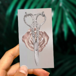 Hair Stylist Modern Scissor & Flower Silver Salon Visitkort
