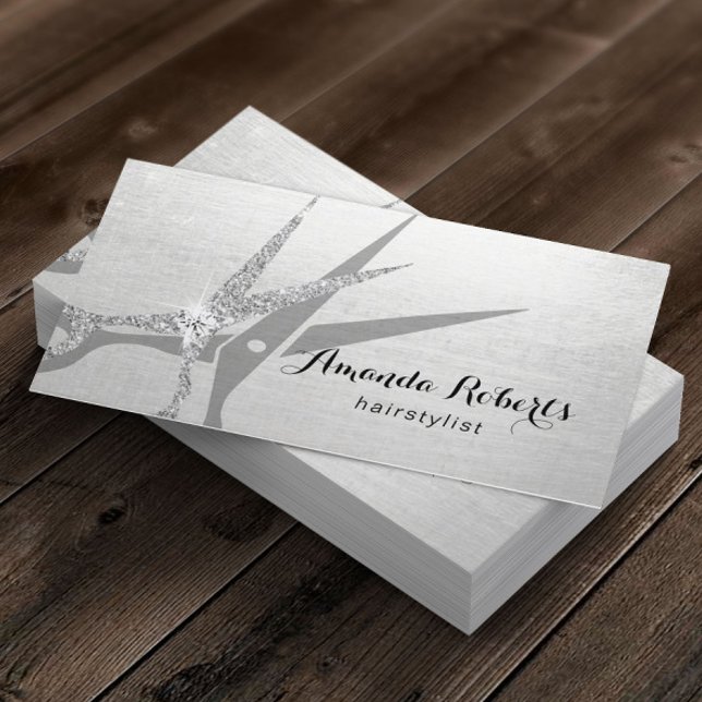 Hair Stylist Modern Silver Glitter Scissor Salon Visitkort (Skapare uppladdad)