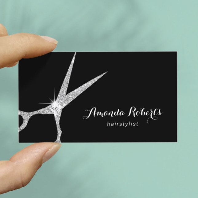 Hair Stylist Modern Silver Glitter Scissor Salon Visitkort (Skapare uppladdad)