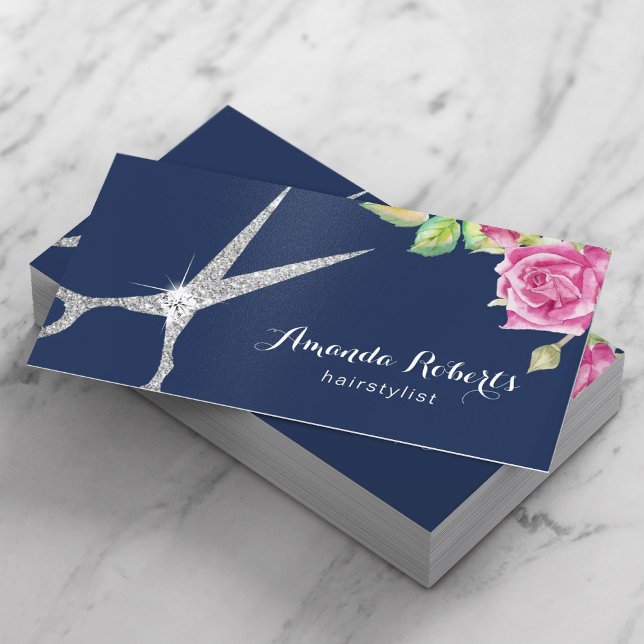 Hair Stylist Modern Silver Scissor Blommigt Navy Visitkort (Skapare uppladdad)