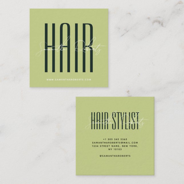 Hair stylist modern typography script green fyrkantigt visitkort (Fram/baksida)