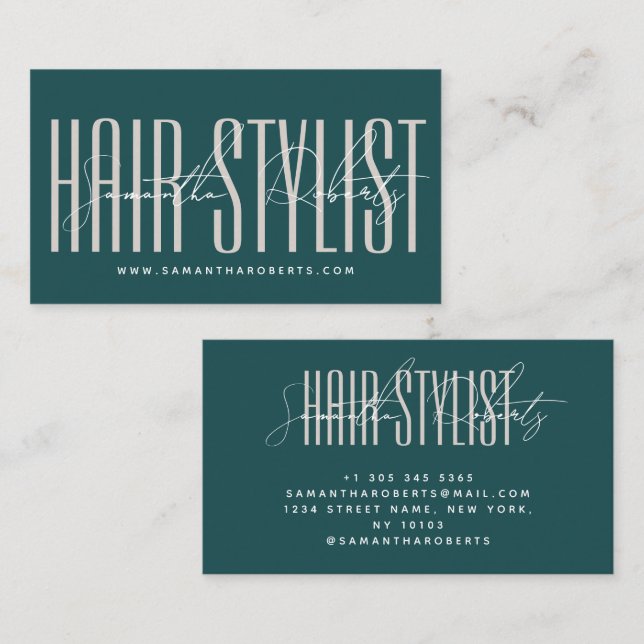 Hair stylist modern typography script green visitkort (Fram/baksida)