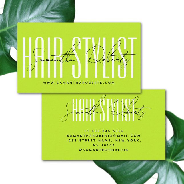 Hair stylist modern typography script neon grönt visitkort (Skapare uppladdad)