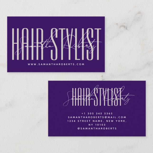 Hair stylist modern typography script purple visitkort (Fram/baksida)