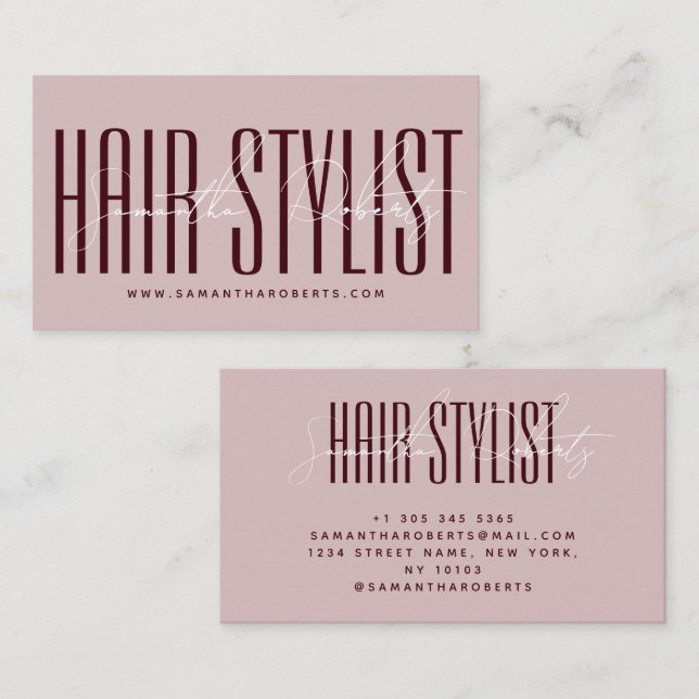 Hair stylist modern typography script purple visitkort (Fram/baksida)