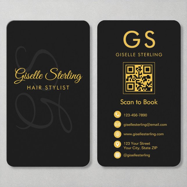 Hair Stylist Monogram Black Guld QR Code Beauty Visitkort (Skapare uppladdad)
