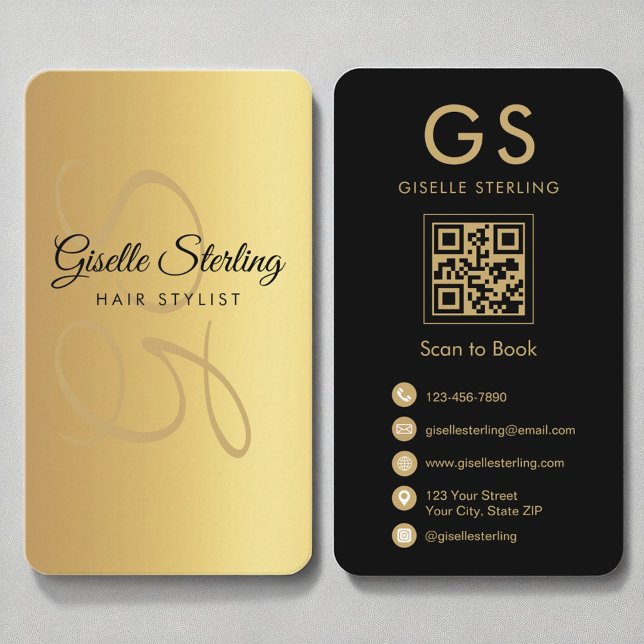 Hair Stylist Monogram Guld Black QR-kod Visitkort (Skapare uppladdad)