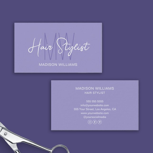 Hair Stylist Monogram Logotyp Lila Visitkort (Hair Stylist Monogram Logo Purple Business Card)