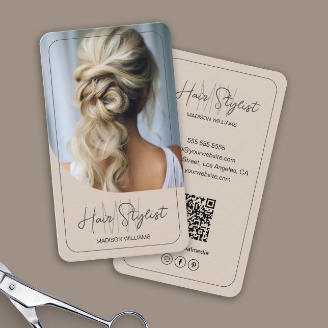 Hair Stylist Monogram Logotyp Photo Beige Visitkort (Hair Stylist Monogram Logo Photo Beige Business Card)