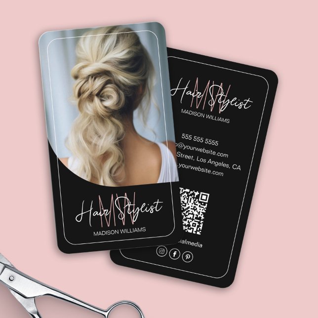 Hair Stylist Monogram Logotyp Photo Black Visitkort (Hair Stylist Monogram Logo Photo Black Business Card)