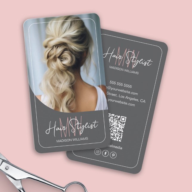 Hair Stylist Monogram Logotyp Photo Grått Visitkort (Hair Stylist Monogram Logo Photo Gray Business Card)