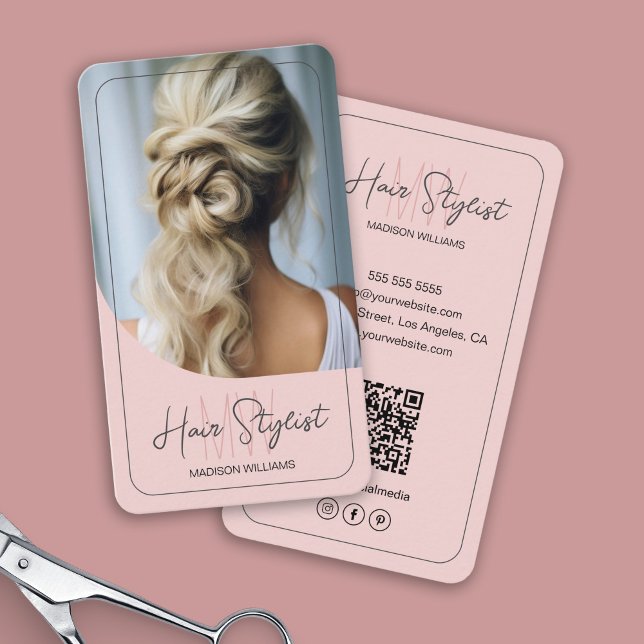 Hair Stylist Monogram Logotyp Photo  Rosa Visitkort (Hair Stylist Monogram Logo Photo Blush Pink Business Card)