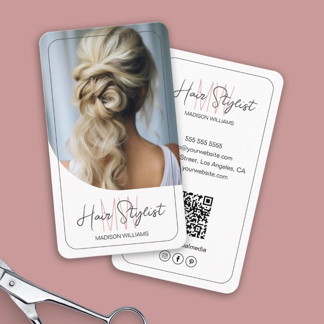 Hair Stylist Monogram Logotyp Photo White Visitkort (Hair Stylist Monogram Logo Photo White Business Card)