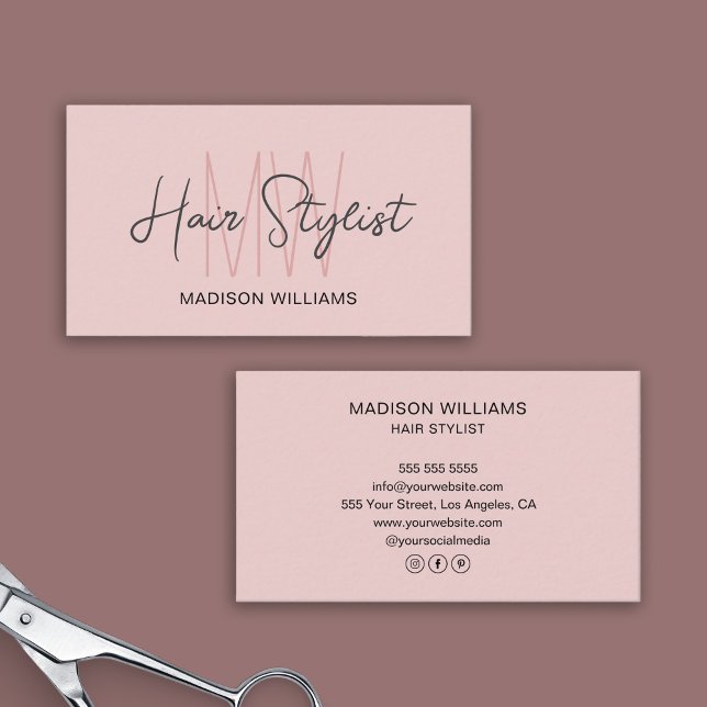 Hair Stylist Monogram Logotyp  Rosa Visitkort (Hair Stylist Monogram Logo Blush Pink Business Card)