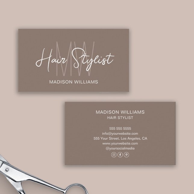 Hair Stylist Monogram Logotyp Taupe Visitkort (Hair Stylist Monogram Logo Taupe Business Card)