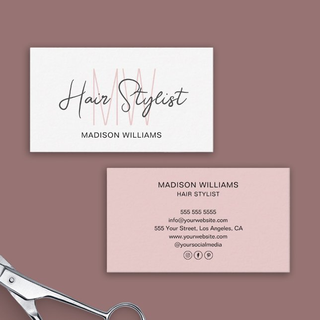 Hair Stylist Monogram Logotyp Vit  Rosa Visitkort (Hair Stylist Monogram Logo White Blush Pink Business Card)