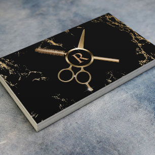 Hair Stylist Monogram Luxury Black & Guld Marble Visitkort